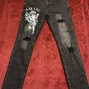 Amiri Black Distressed Jeans with Angel Graphic